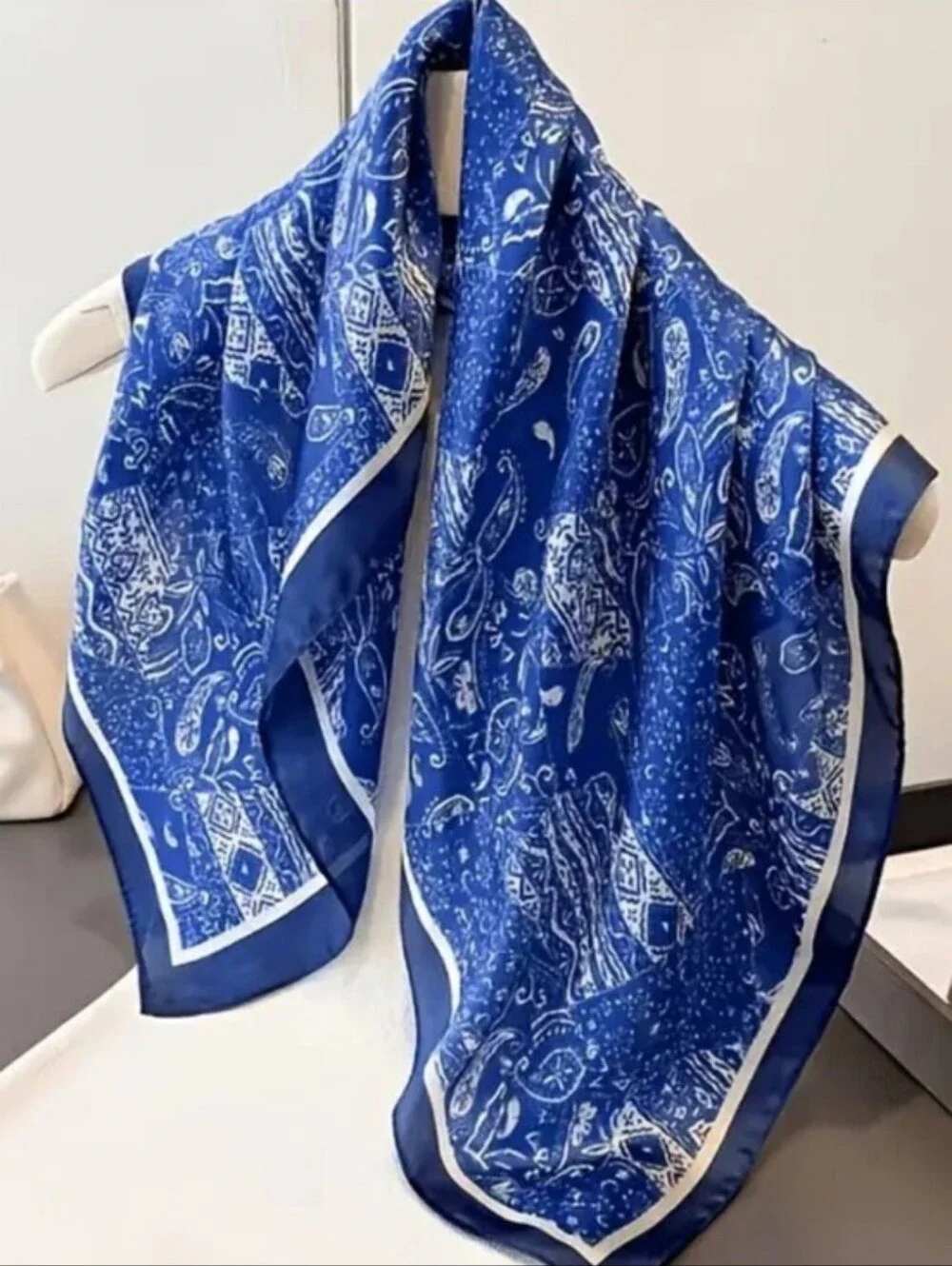 Silk-feel Blue Paisley Silk Scarf Wrap